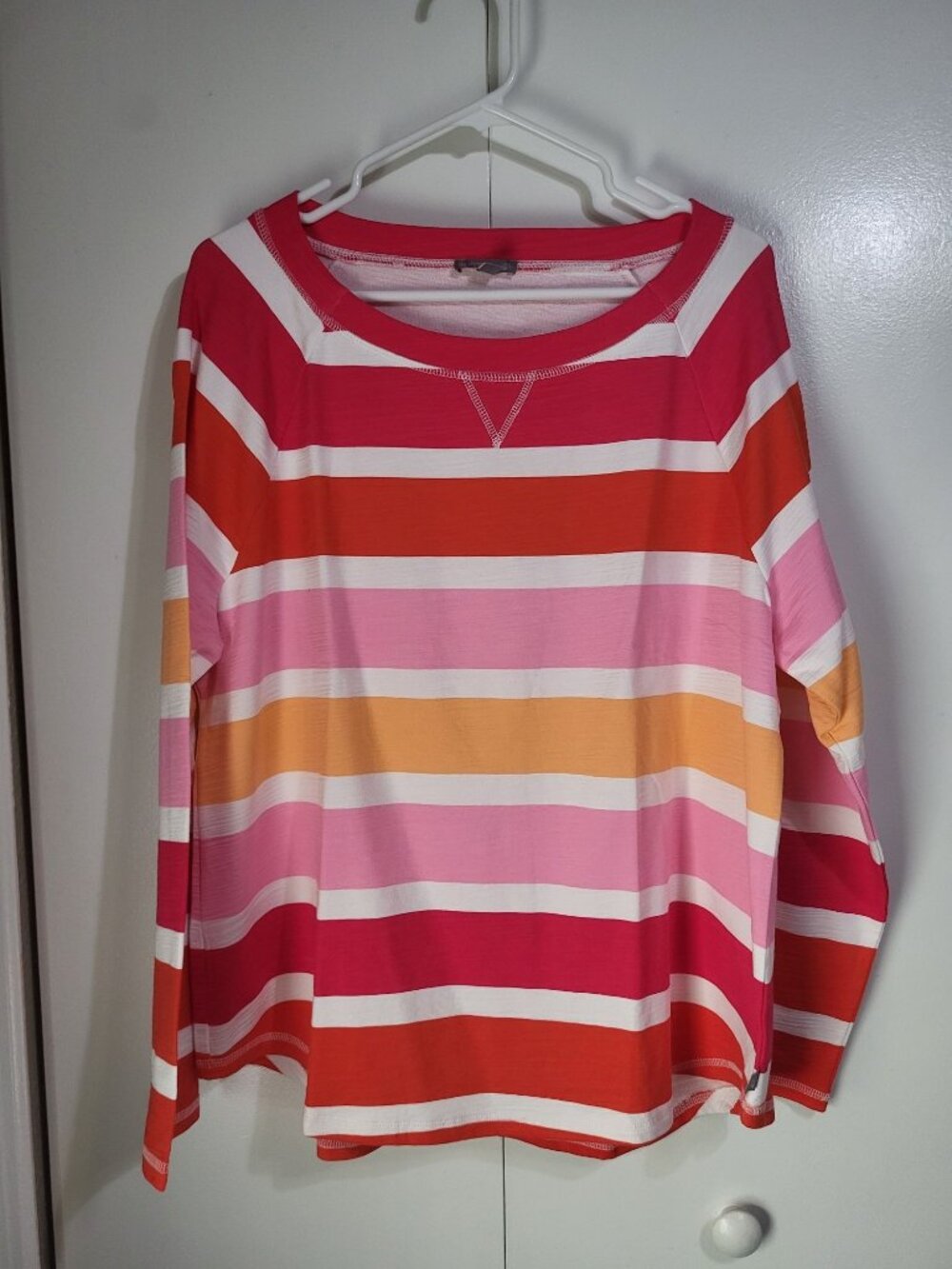 Talbots Women's XL UPF 50 Cozy Crush Pullover Zippy Stripe Pink Orange Beachy